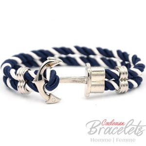 Bracelet Ancre platiné Nylon bleu et blanc