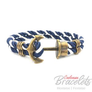 Bracelet Ancre bronzé nylon bleu et blanc