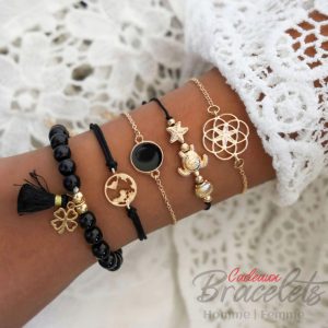Ensemble de bracelets noir et doré avec monde étoile et tortue (lot de 5)