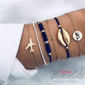 Ensemble de bracelets doré avec avion, coquillage et monde (lot de 5)