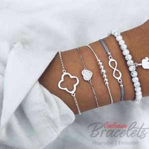 Ensemble de bracelets argent avec infinité, éléphant et cœur cristal (lot de 5)
