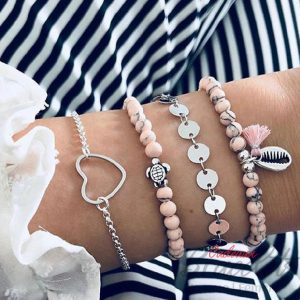 Ensemble de bracelets rose avec pierre argent coquillage et tortue (lot de 4)